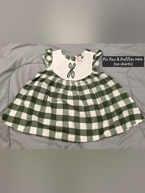 Green and White Gingham Baby Dress with H Monogram
